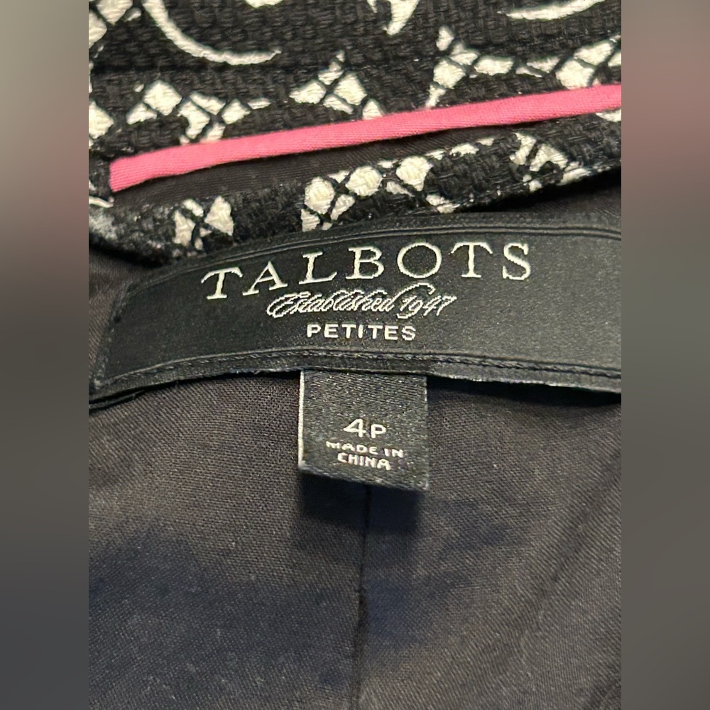 Talbots Blazer Jacket Stand Collar 3/4 Sleeve Black & Beige Paisley Damask 4P - Picture 6 of 7